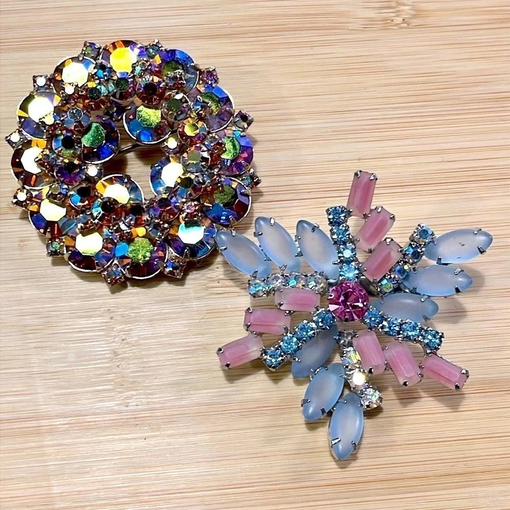 Set of 2 Antique Vintage Brooches Large Decorative Rhinestone Pins Blazer Jacket